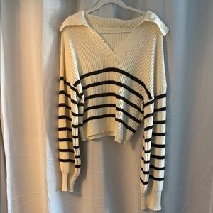 Altar'd State Cream and Black Striped V‑Neck Sweater